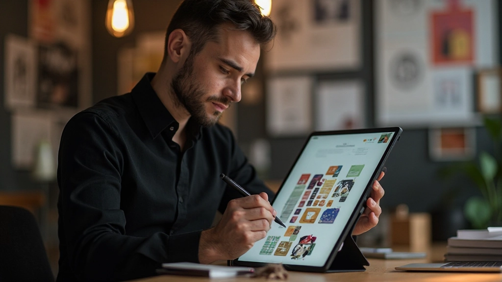 Designer moderno criando interface digital com paleta de cores vibrante e tipografia contemporânea em estúdio de design profissional
