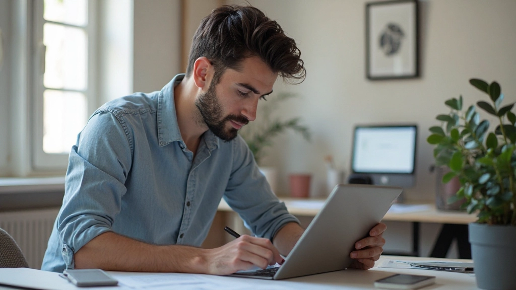 Designer profissional trabalhando em interface digital moderna com tablet e ferramentas de design em espaço de trabalho minimalista